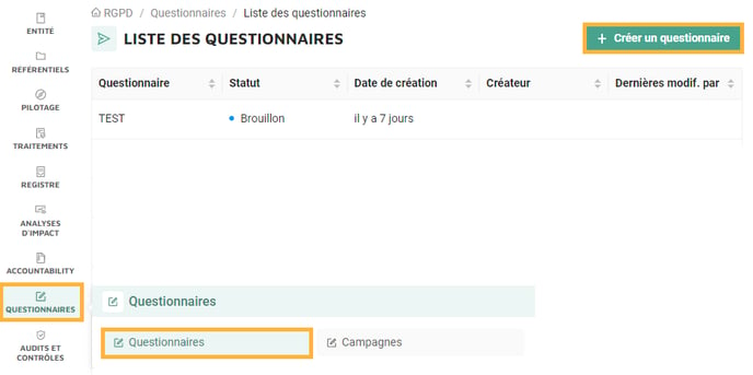 Acces - RGPD Questionnaires - creer un questionnaire