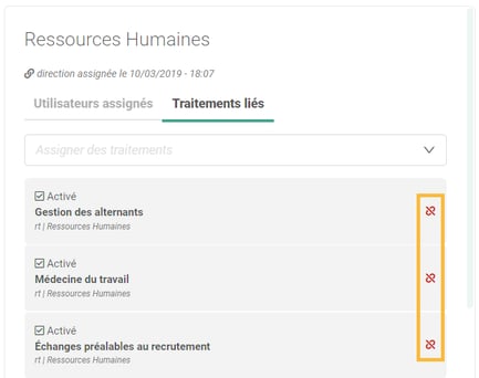 Directions affectées - Désassigner un traitement