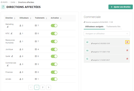 Directions affectées - Désassigner un utilisateur