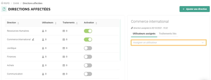 Page - Directions affectées - Assigner un utilisateur
