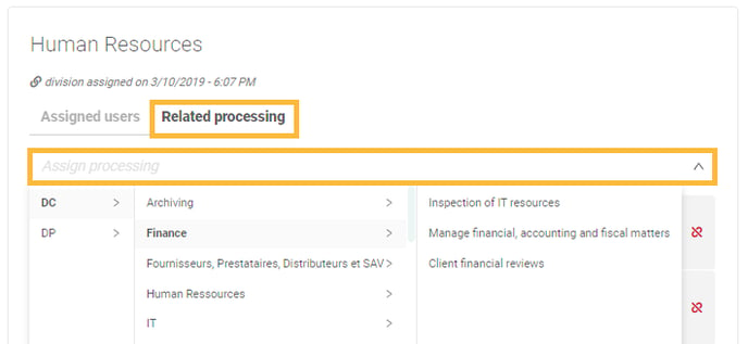 Page - Divisions - Assign processing activities