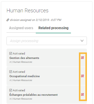 Page - Divisions - Unassign processing activities