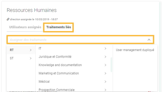 Page Directions affectées - Assigner des traitements