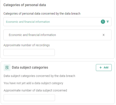 Personal data breach - Description tab - Categories of personal data