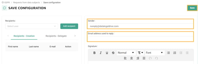 Requests from data subjects - Save configuration