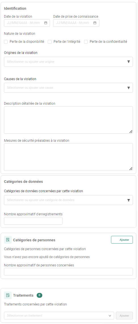 Les 4 parties à compléter sous l'onglet Description en cas de violation