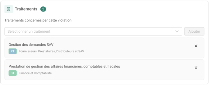 Section Traitements sur la page description d'une violation