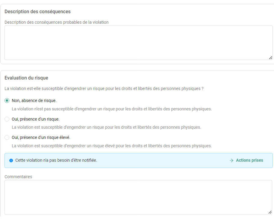 Un champ texte pour décrire les conséquences d'une violation et espace d'évaluation d'un risque